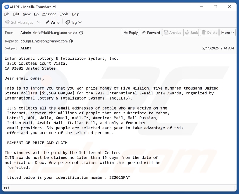 International Lottery & Totalizator Systems spam e-mailcampagne