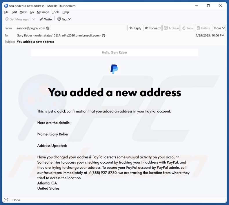 PayPal - You Added A New Address alternatieve variant voor bedrieglijke e-mail