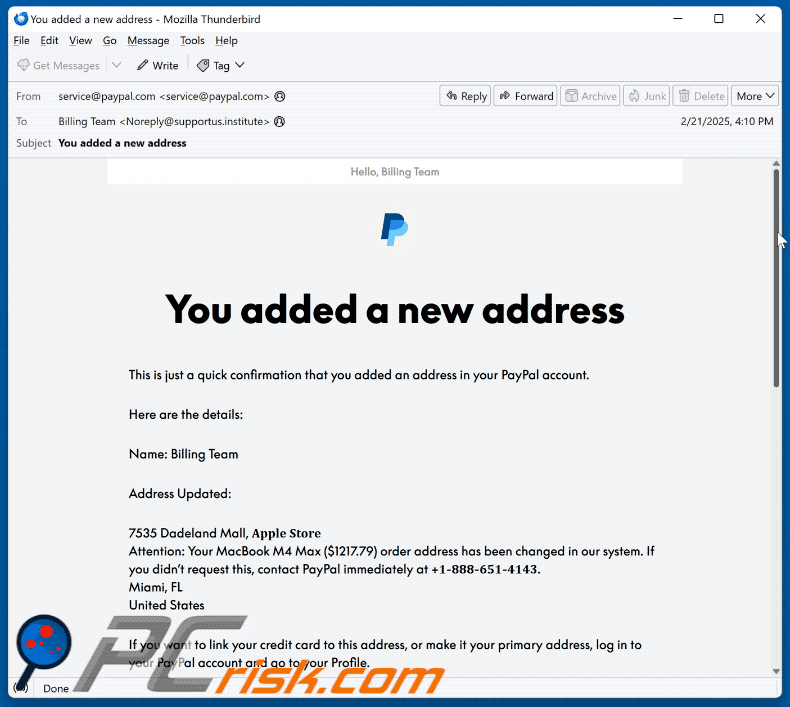 PayPal - You Added A New Address Oplichterij e-mail verschijning (GIF)