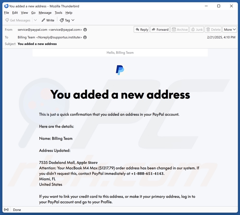 PayPal - You Added A New Address spam e-mailcampagne