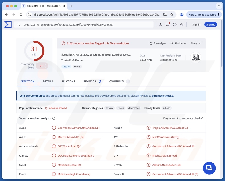 TrustedSafeFinder adware detecties op VirusTotal
