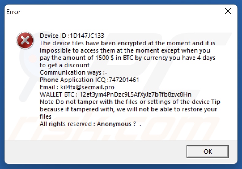 Anonymous (Xorist) ransomware losgeldbrief (pop-up)