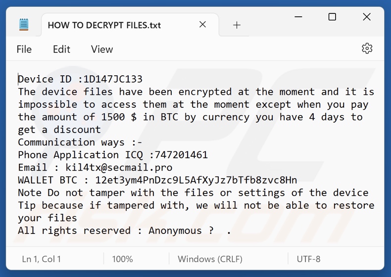 Anonymous (Xorist) ransomware tekstbestand (HOW TO DECRYPT FILES.txt)