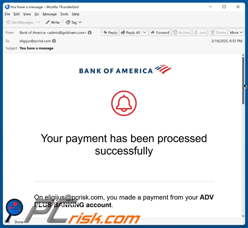 Bank Of America - Payment Processed Successfully Oplichterij via e-mail