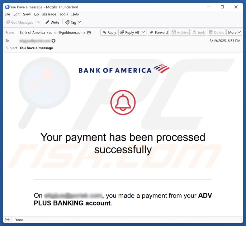 Bank Of America - Payment Processed Successfully spam e-mailcampagne