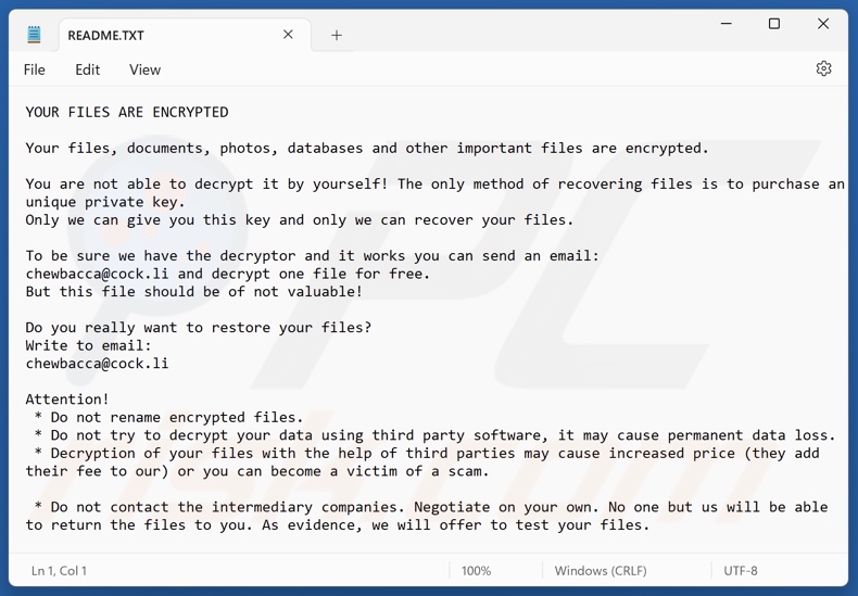 Chewbacca ransomware losgeldbrief (README.TXT)