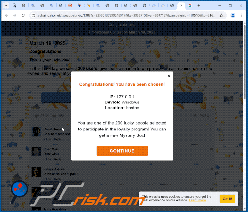 Verschijning van Congratulations! You Have Been Chosen! oplichterij
