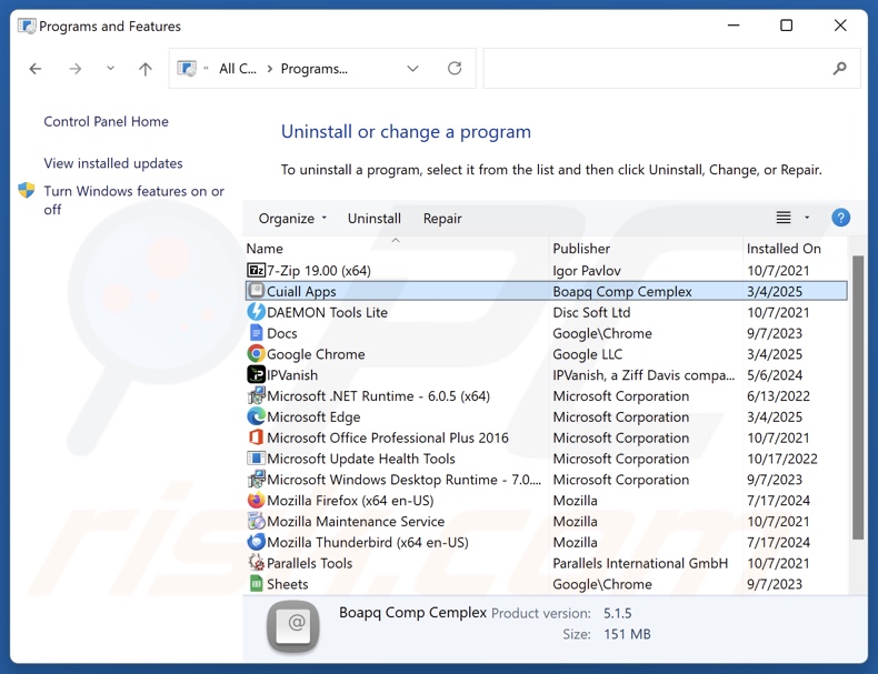 Cuiall Apps verwijderen via Control Panel