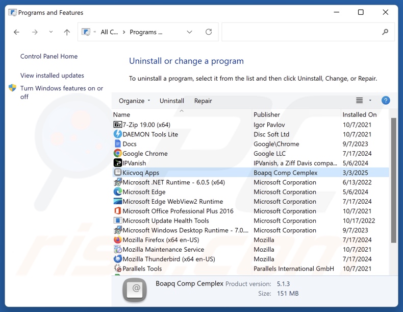 Kiicvoq Apps verwijderen via Control Panel