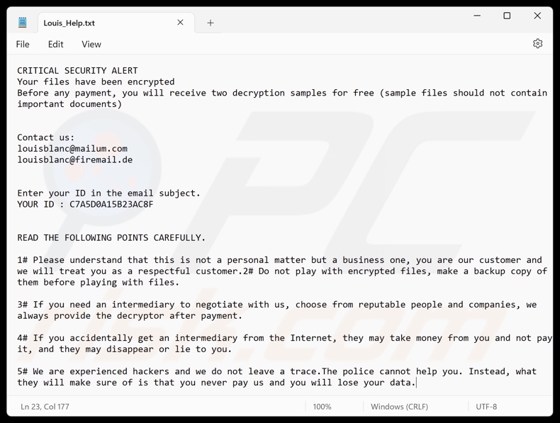 Louis ransomware losgeldbrief (Louis_Help.txt)