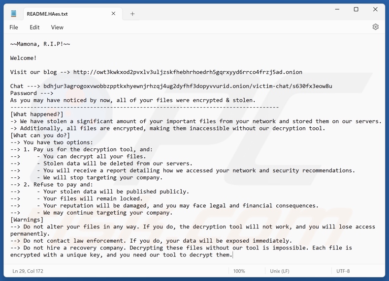 Mamona ransomware losgeldbrief (README.HAes.txt)