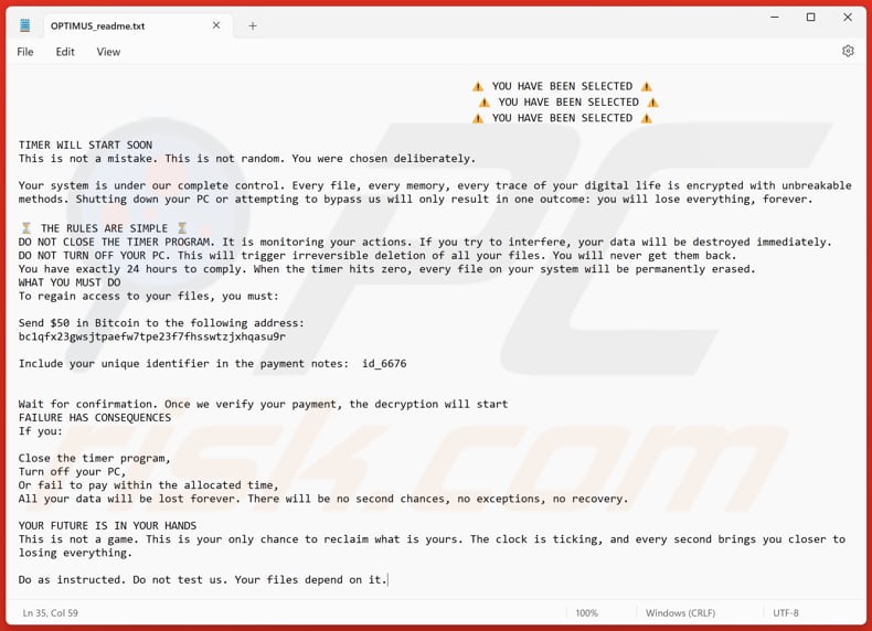 Optimus ransomware tekstbestand (OPTIMUS_readme.txt)