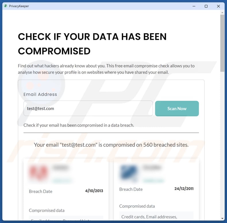 PrivacyKeeper Potentieel ongewenste toepassing toont scanresultaten