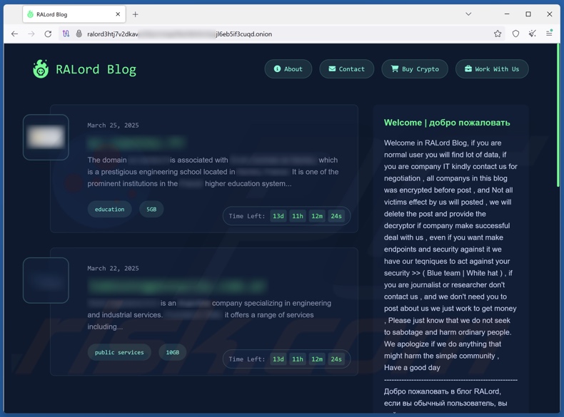RALord ransomware website voor het lekken van gegevens