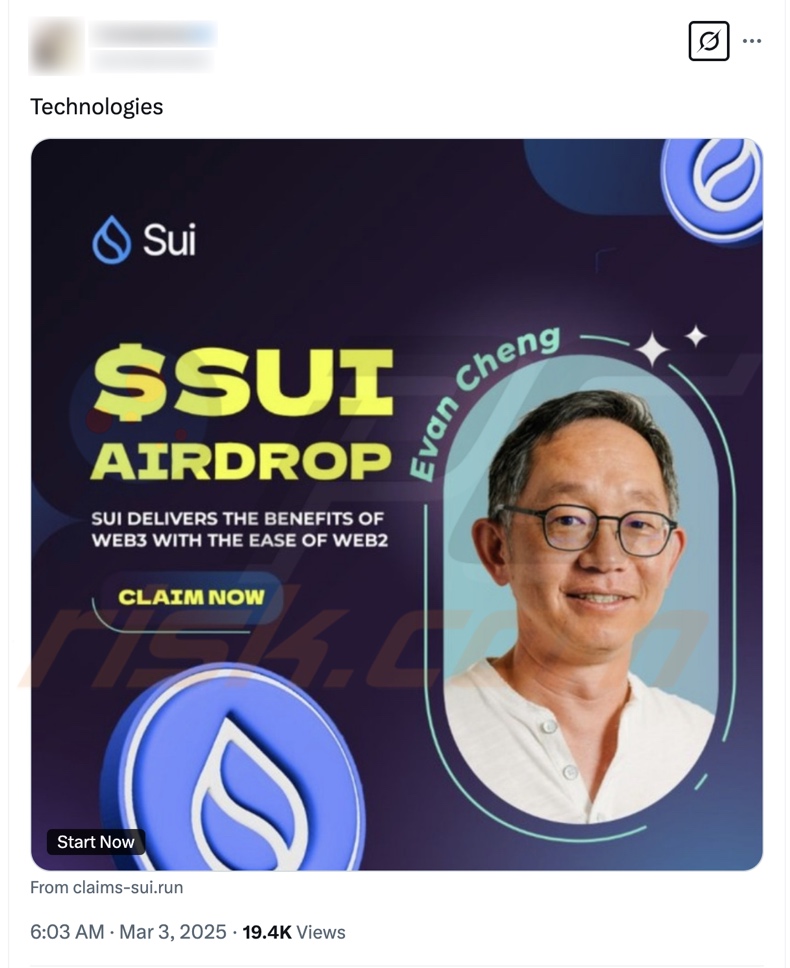 $SUI Airdrop bedrog ter promotie van X (Twitter) bericht