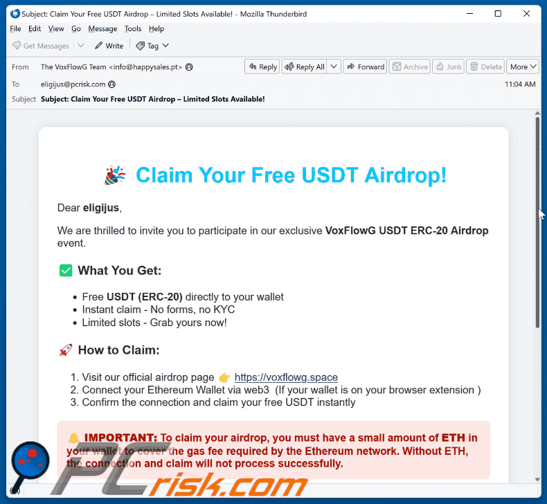 VoxFlowG USDT Airdrop Oplichterij e-mail verschijning (GIF)