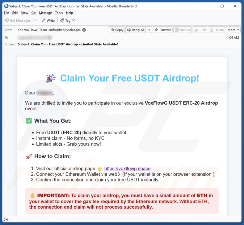 VoxFlowG USDT Airdrop spam e-mailcampagne