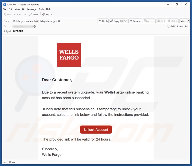 Wells Fargo - Account Suspended spam e-mailcampagne
