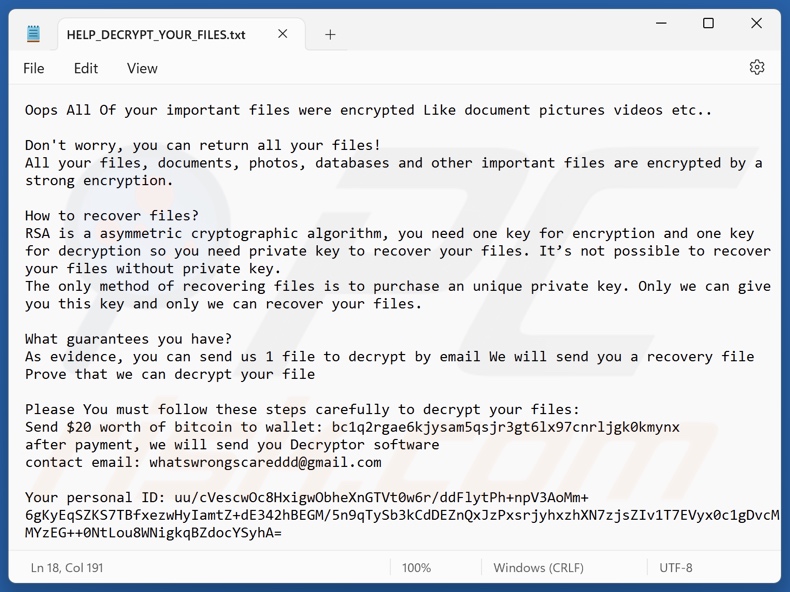 Worry (WhatsWrongScared) ransomware losgeldbrief (HELP_DECRYPT_YOUR_FILES.txt)