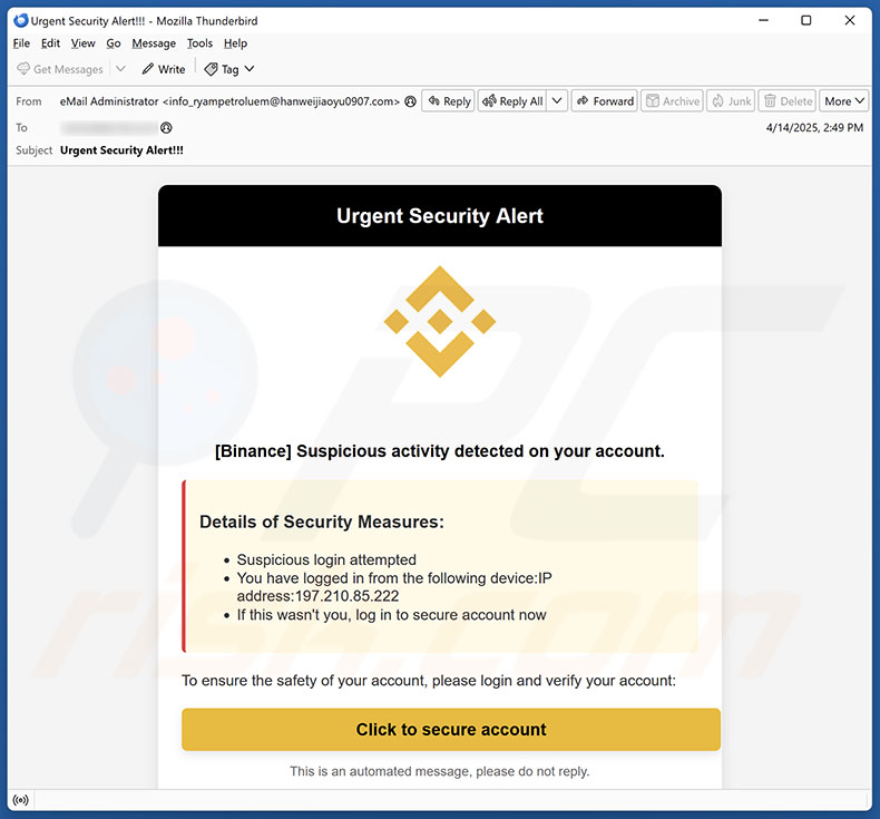 Binance - Urgent Security Alert email spam campagne