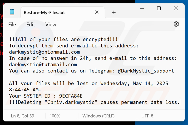DarkMystic (BlackBit) ransomware tekstbestand (Restore-My-Files.txt)