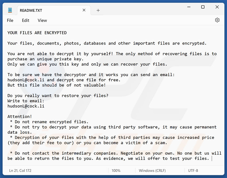 Hudson ransomware losgeldbrief (README.TXT)
