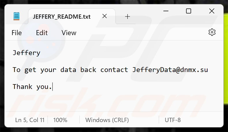 Jeffery ransomware losgeldbrief (JEFFERY_README.txt)