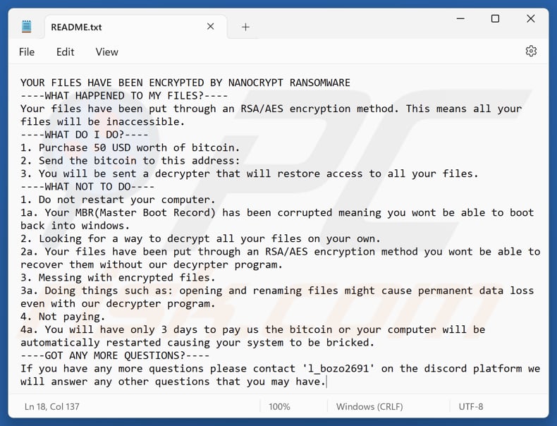Nanocrypt ransomware tekstbestand (README.txt)