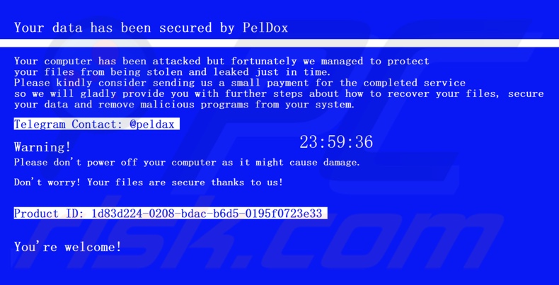 PelDox ransomware losgeldbrief (bericht op volledig scherm)