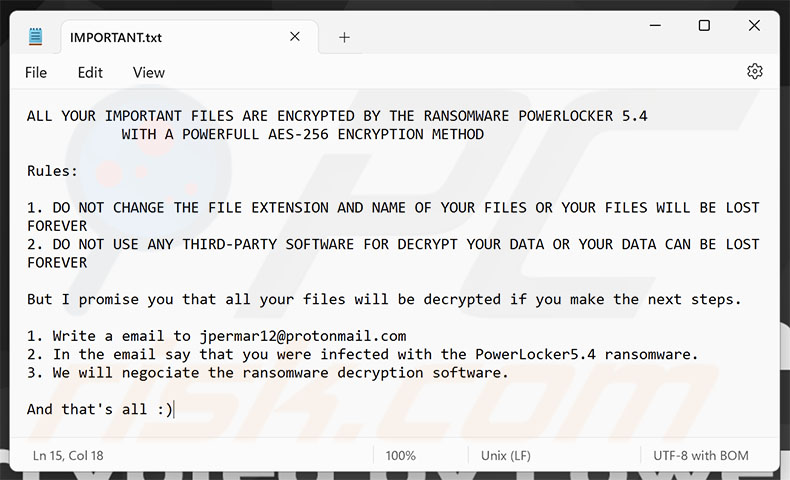 PowerLocker ransomware losgeldbrief (IMPORTANT.txt)