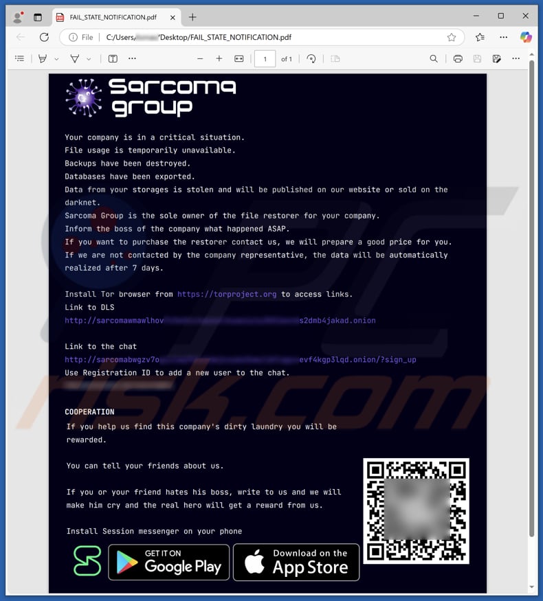 Sarcoma Group ransomware bestand met losgeldbrief (FAIL_STATE_NOTIFICATION.pdf)