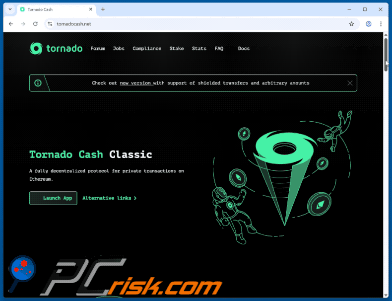 Tornado Cash het uiterlijk van een scamwebsite (GIF)