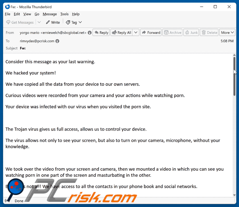 We Hacked Your System Oplichterij e-mail verschijning (GIF)