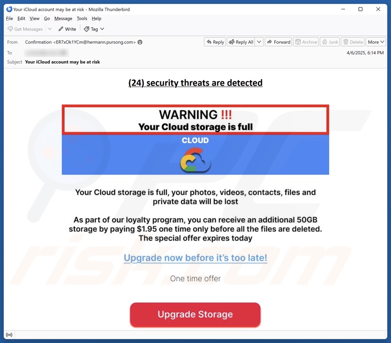 Your Cloud Storage Is Full spam e-mailcampagne