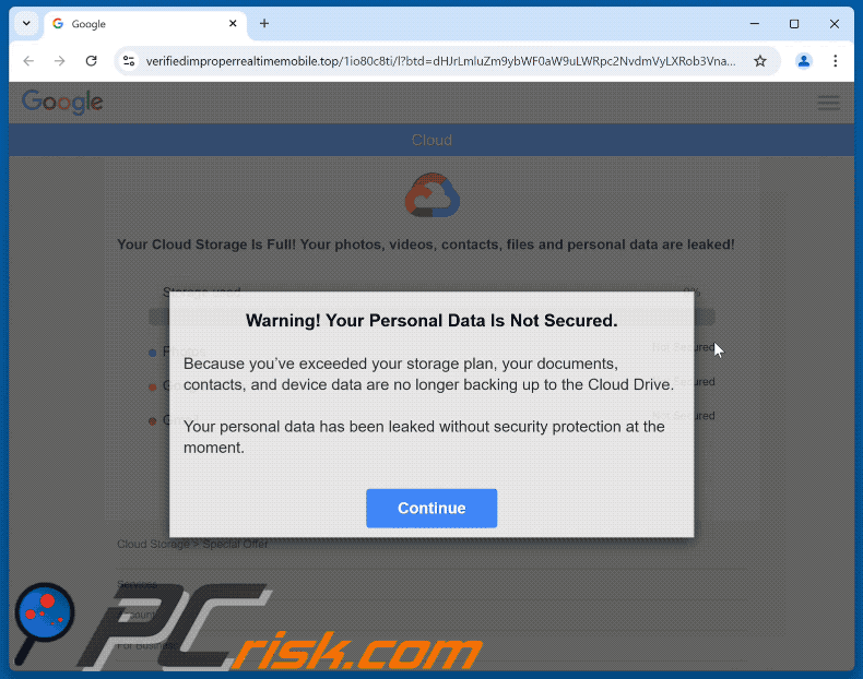 Your Cloud Storage Is Full scam e-mail gepromote site (GIF)