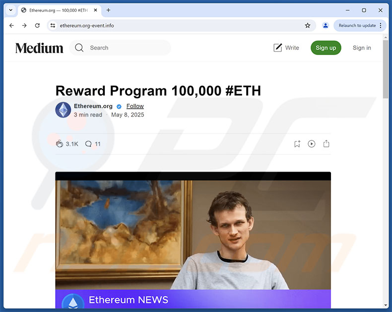 Startpagina van de Ethereum (ETH) Reward Program zwendel