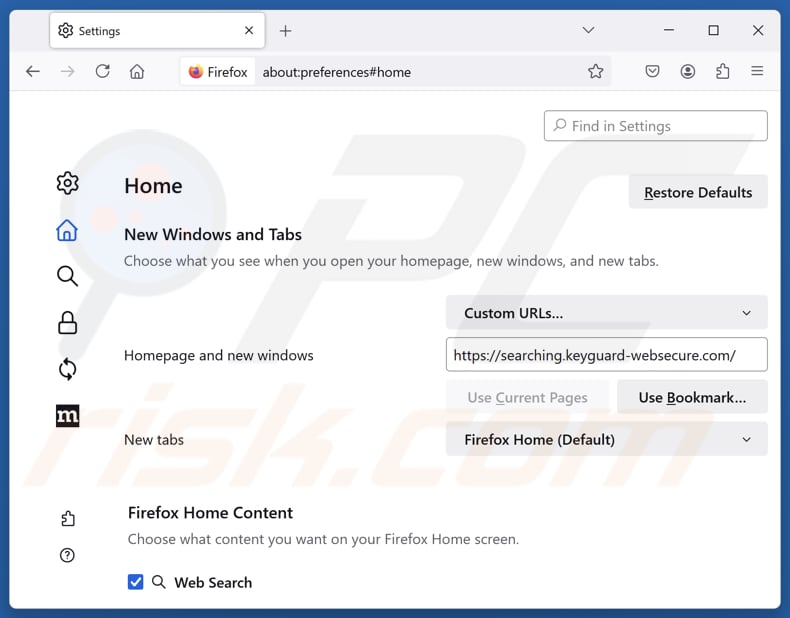 keyguard-websecure.com verwijderen van de startpagina van Mozilla Firefox