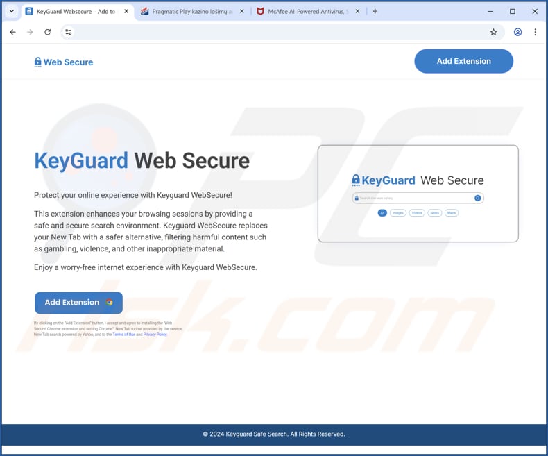 Website die wordt gebruikt om KeyGuard Web Secure browserkaper te promoten
