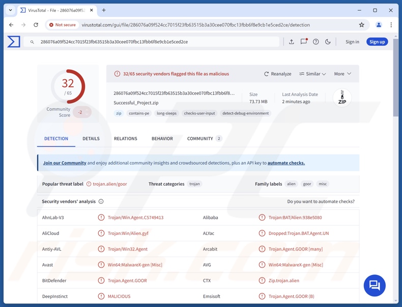 Noodlophile malware detecties op VirusTotal