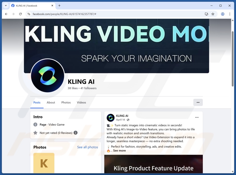 Nep-Facebookaccount van Kling AI dat wordt gebruikt om PureHVNC-malware te promoten