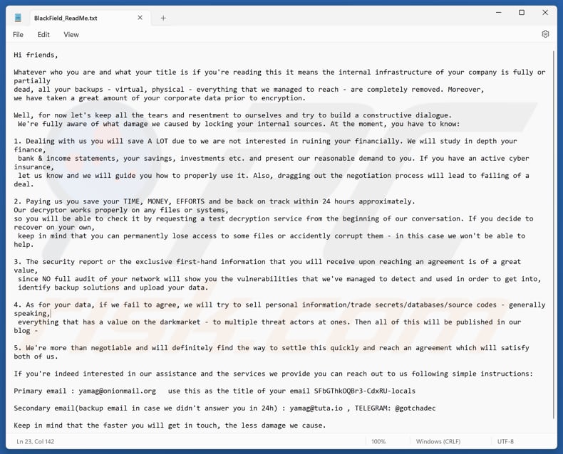 BlackFL ransomware tekstbestand (BlackField_ReadMe.txt)
