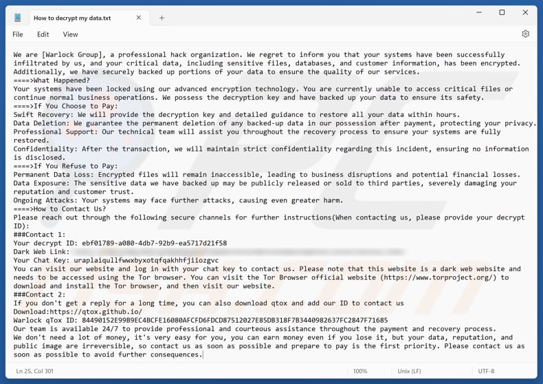 Tekstbestand van Warlock Group ransomware (How to decrypt my data.txt)