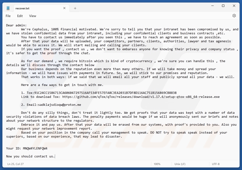 Cephalus ransomware losgeldbrief (recover.txt)