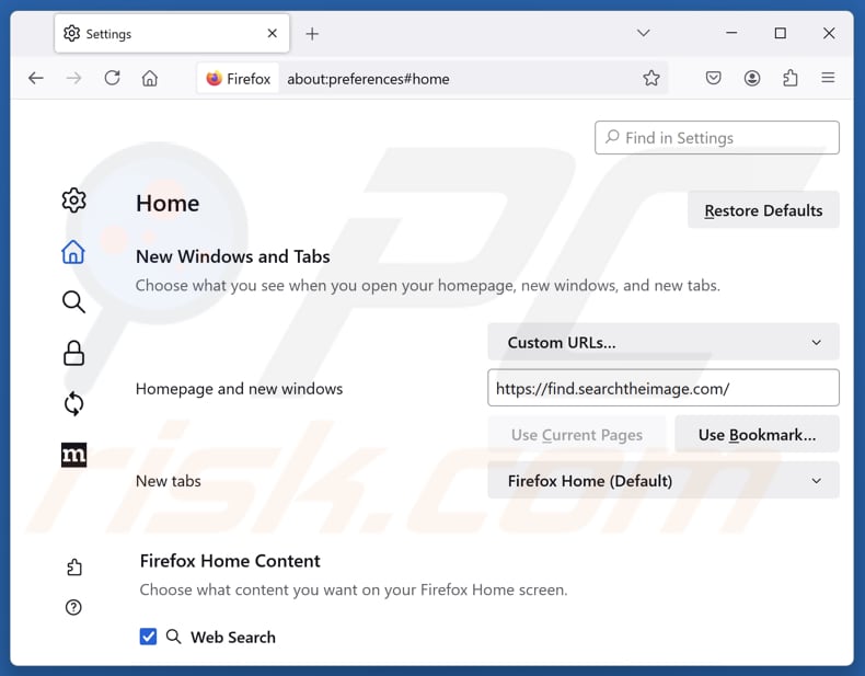 find.searchtheimage.com verwijderen van de startpagina van Mozilla Firefox