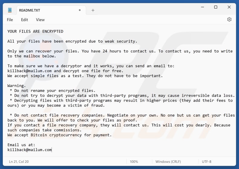 KillBack ransomware tekstbestand (README.TXT)