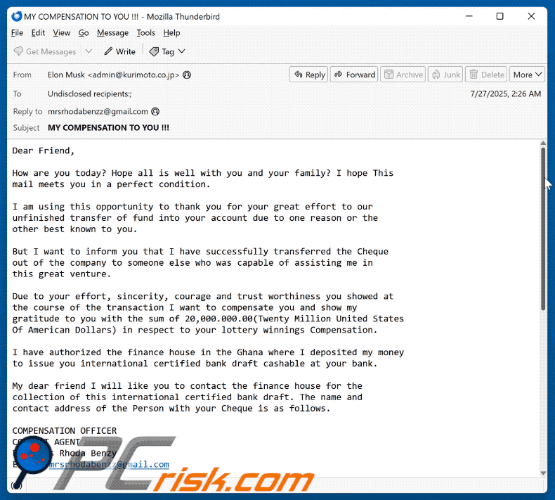 Lottery Winnings Compensation E-mailzwendel verschijning