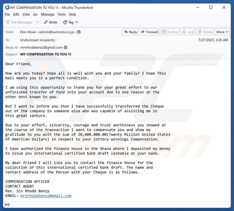 Spamcampagne met e-mails over compensatie voor loterijwinsten