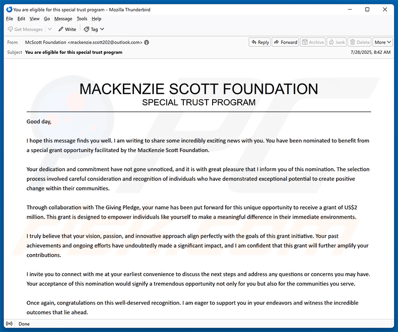 Mackenzie Scott Foundation Email oplichting (2025-08-06)