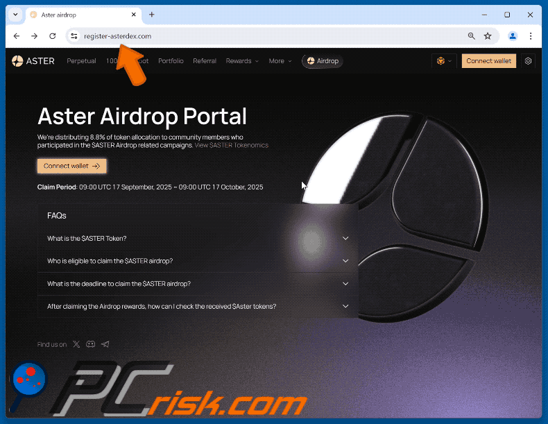 Uiterlijk van de valse Aster Airdrop website (GIF)