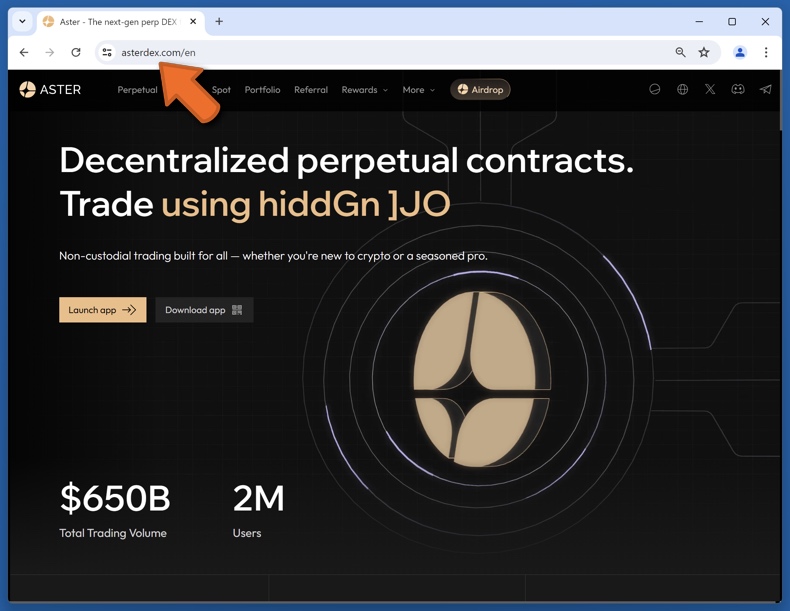 Uiterlijk van de echte Aster website (asterdex.com)